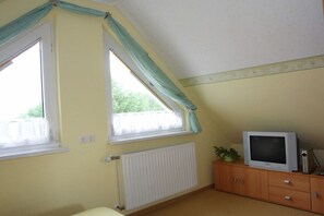 A room with a sloped ceiling, a radiator, a television on a wooden cabinet, and a window with curtains. - Small seagull's nest (Heringsdorf)