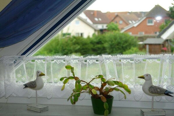 A window with lace curtains, a potted plant, and two bird figurines on a windowsill. - Small seagull's nest (Heringsdorf)