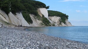 Une plage de galets bordée de falaises et de végétation.