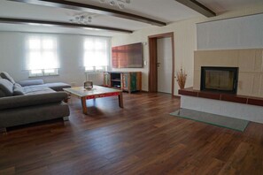 A living room with a sofa, a coffee table, a fireplace, and a television. - Holiday apartment with 3 bedrooms (Lübbenau)