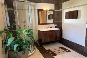 Ein Badezimmer mit Dusche, Waschbecken, Spiegel und einer Topfpflanze.