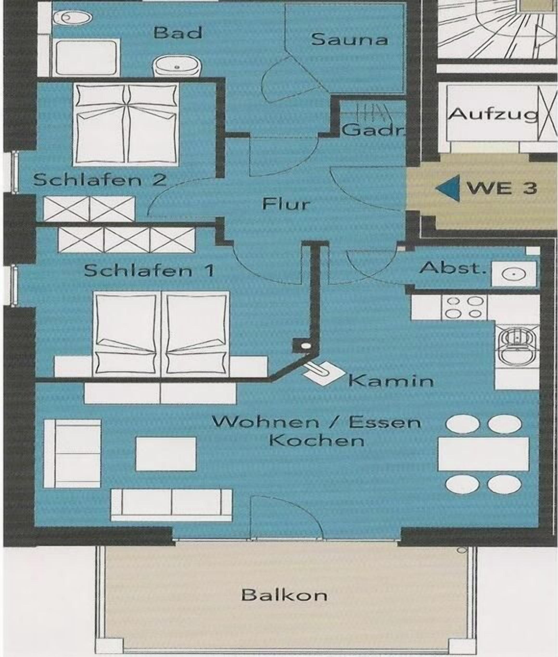 A hotel floor plan with two bedrooms, a bathroom, a kitchen, a dining area, a living room, a sauna, and a balcony.