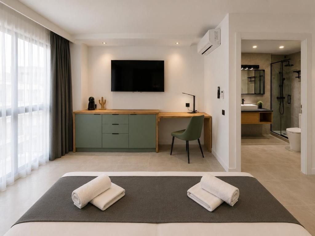 Une chambre d’hôtel équipée d’un lit, d’un bureau, d’une chaise, d’une télévision et d’un espace douche.