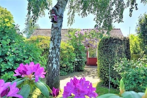 A garden pathway leading to a house with a red door, surrounded by lush greenery and flowering plants. - Holiday home in Schlei with 2 bedrooms (Brodersby-Burg)