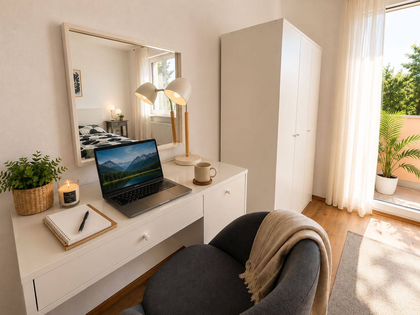 A modern bedroom with a desk, laptop, lamp, and a view of greenery outside.