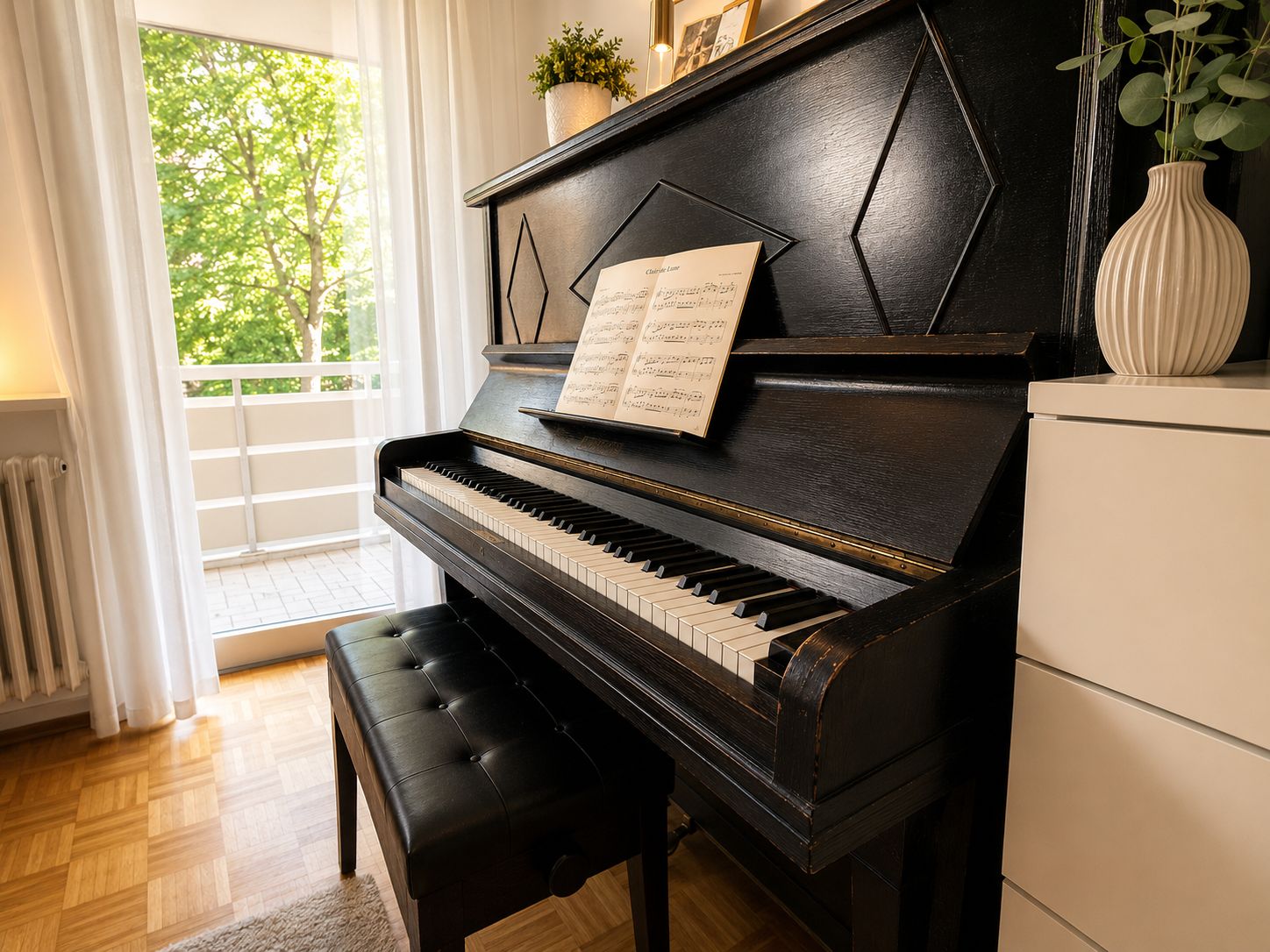 Un piano con partituras, un banco y un florero con plantas.