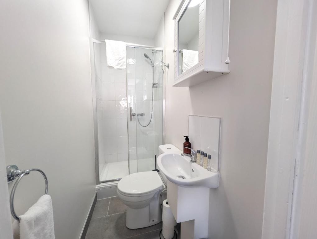 A bathroom with a glass shower enclosure, a white toilet, and a sink with a mirror above it.