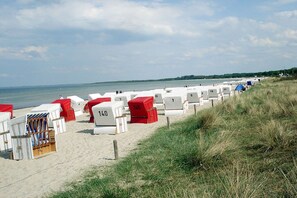 A beach with rows of numbered beach huts and a sandy path. - Old cottage Beckerwitz 2 (Beckerwitz)