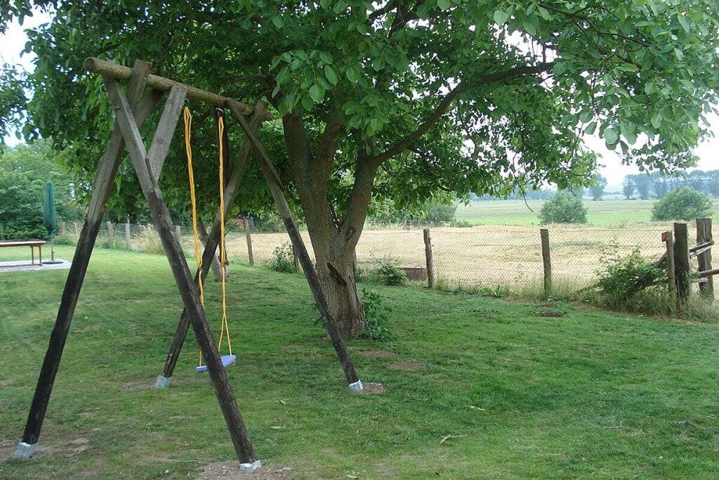 A swing set under a tree in a grassy area with a fence in the background.