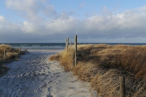 A sandy beach path with wooden posts and dry grass. - Holiday apartment with 2 bedrooms (Ostseebad Boltenhagen)