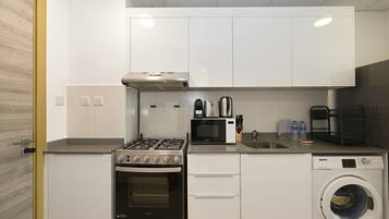 A compact kitchen with a gas stove, microwave, oven, and a front-loading washing machine.