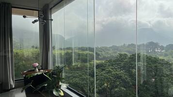 A room with a large window overlooking a lush landscape, a potted plant, and a vase with a flower.