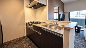 A compact kitchen with a gas stove, a sink, and a dishwasher.