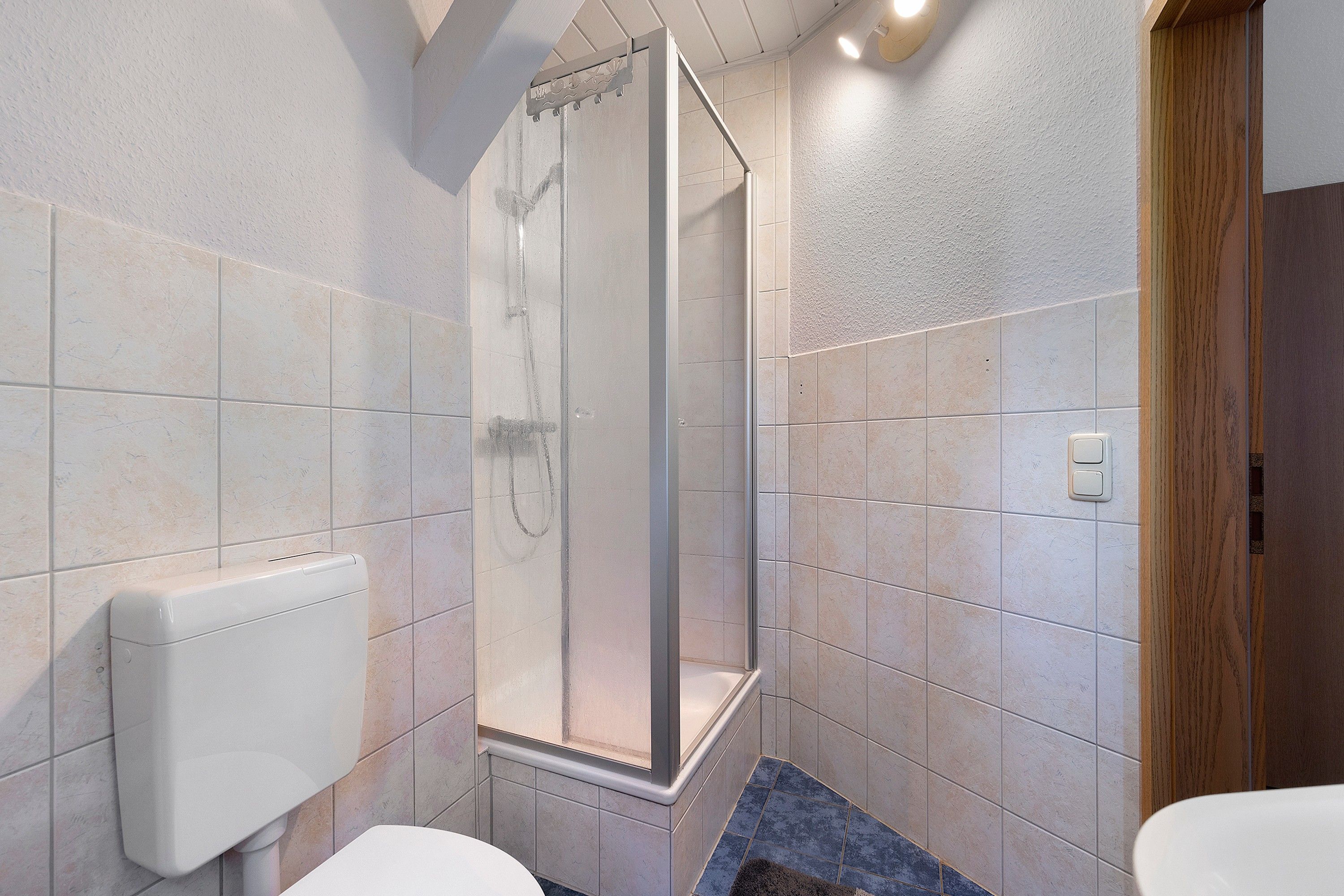 Ein Badezimmer mit Dusche, Toilette und Handtuchhalter.