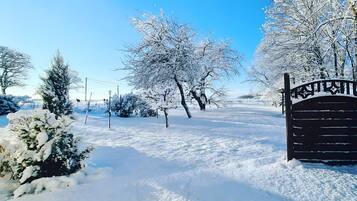 A snow-covered landscape with a gated entrance, trees, and a clear sky.