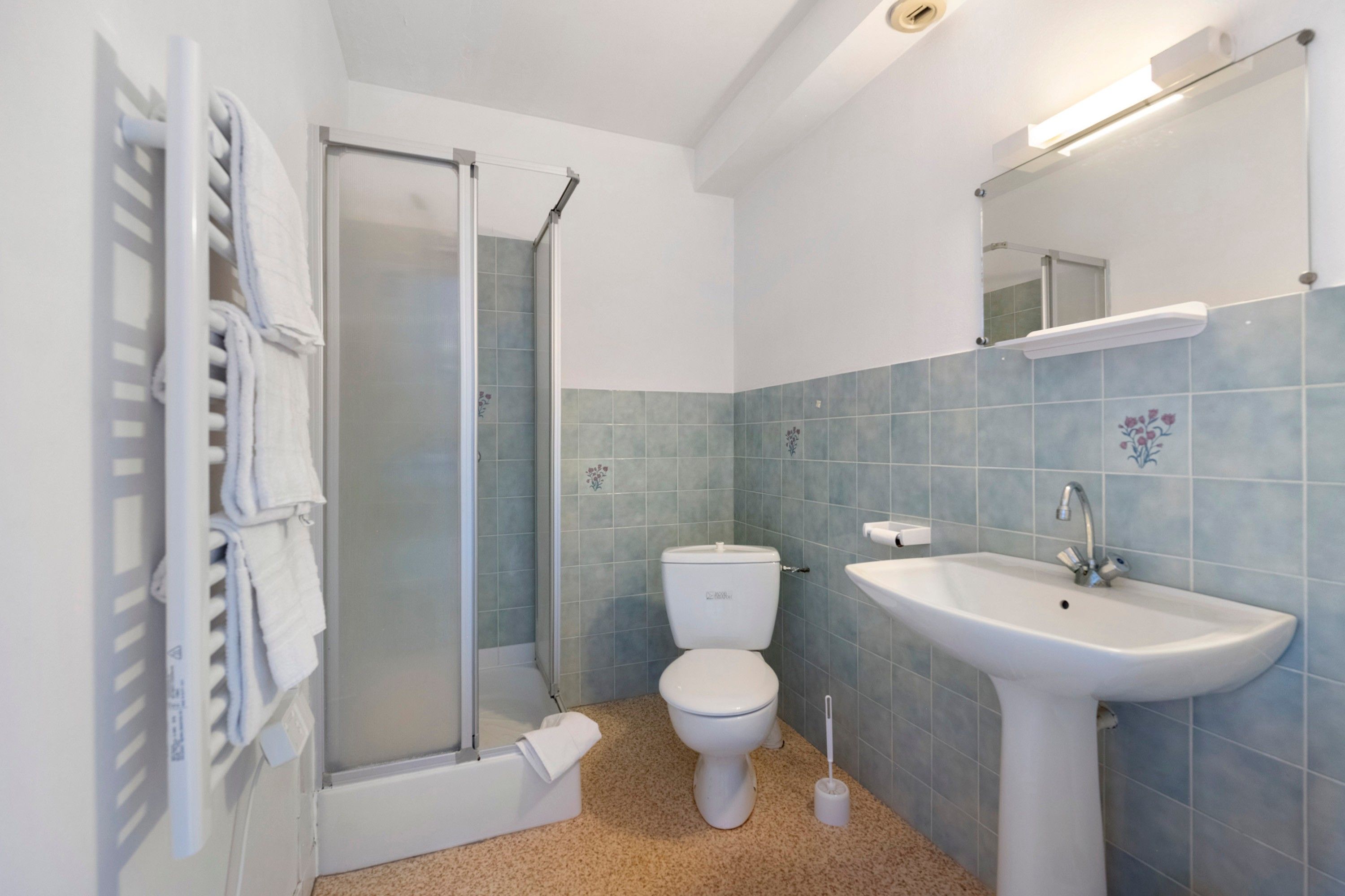 Een badkamer met douche, toilet, wastafel en handdoekhouder.