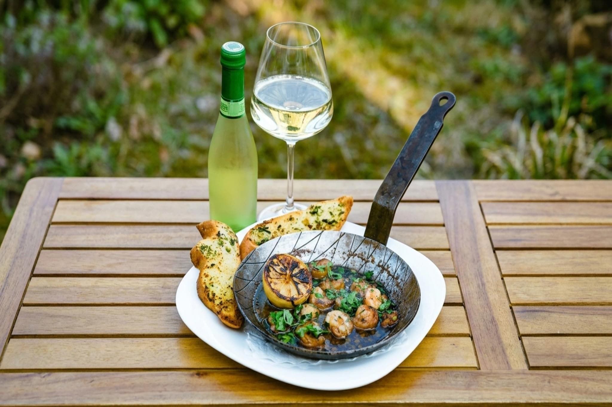 A meal with a pan, a bottle, and a glass on a wooden table.