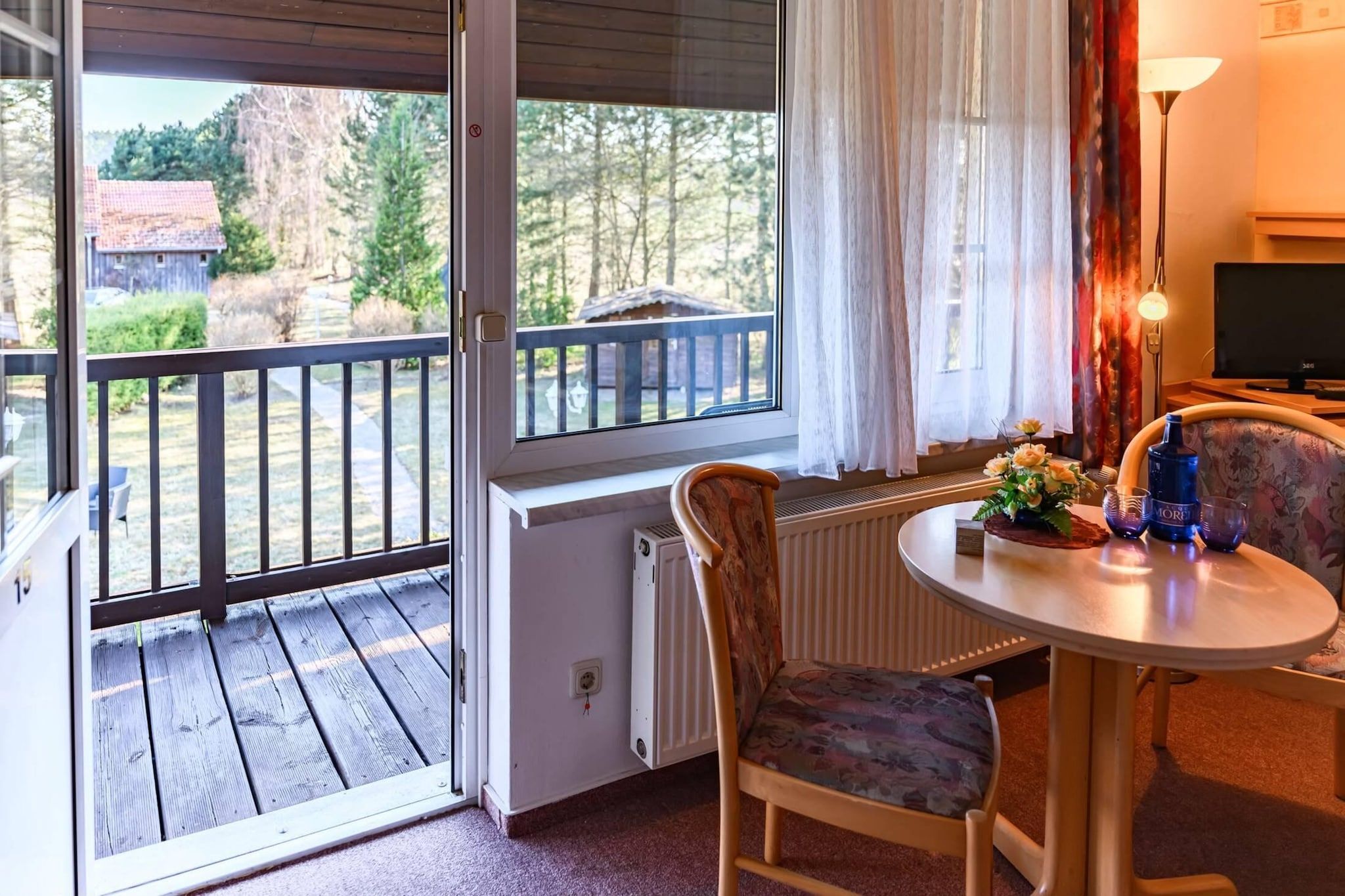 Une pièce avec vue sur une terrasse en bois et des arbres, un radiateur, une table avec des chaises et un téléviseur.