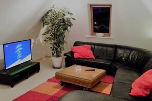 Ein Wohnzimmer mit Fernseher, einer schwarzen Ledersofa, einem Blumentopf und einem kleinen Fenster.