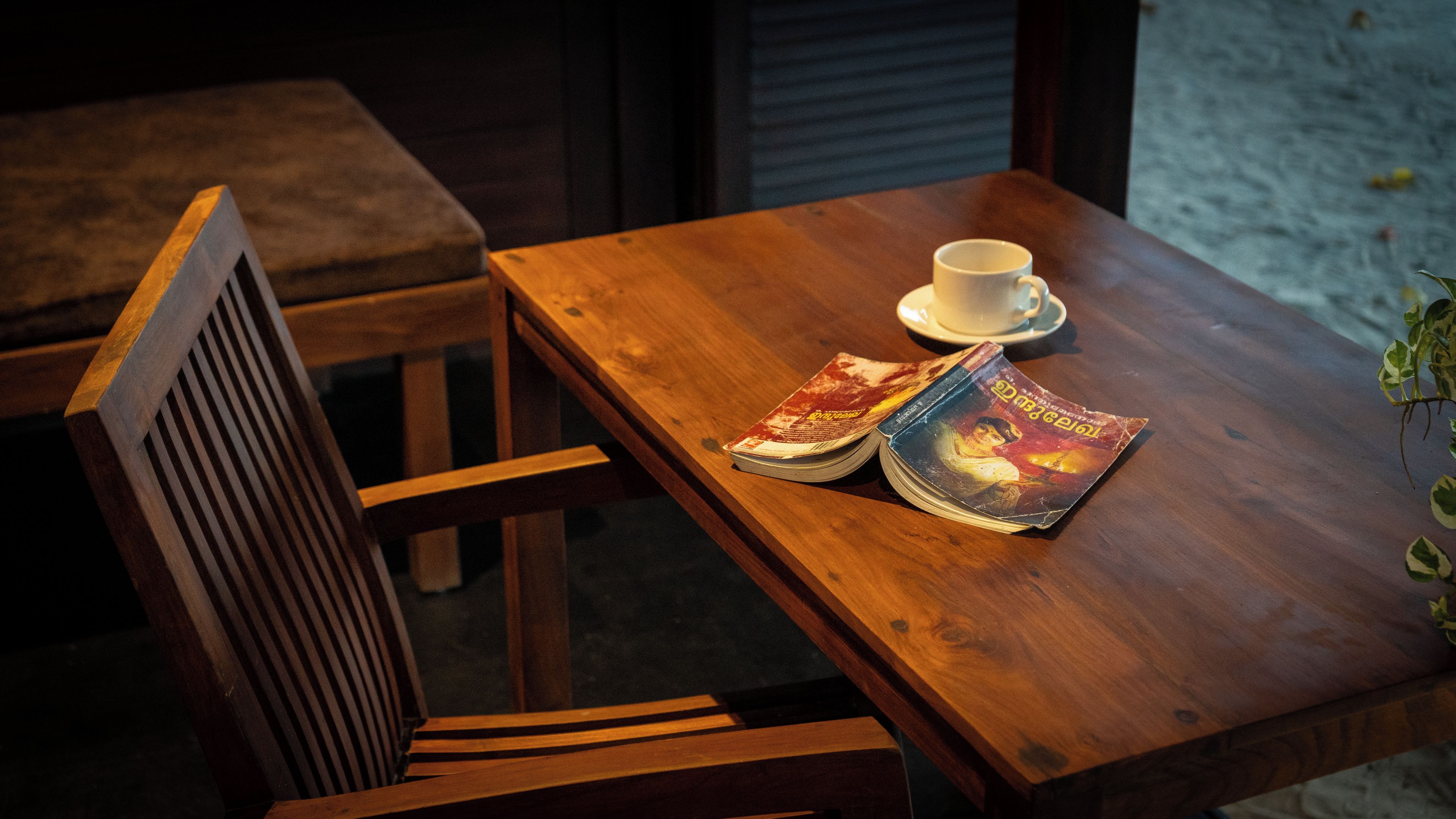 Una mesa de madera con una revista, una taza y un plato.