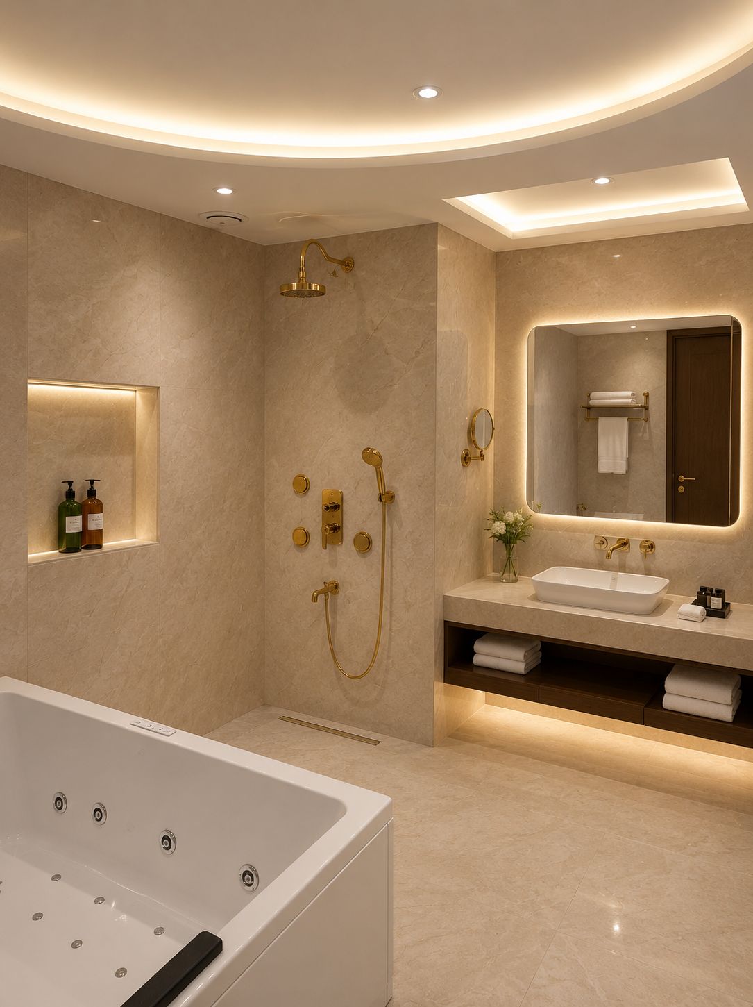 A modern bathroom with a bathtub, a shower with gold fixtures, a vanity with a mirror, and a shelf with toiletries.