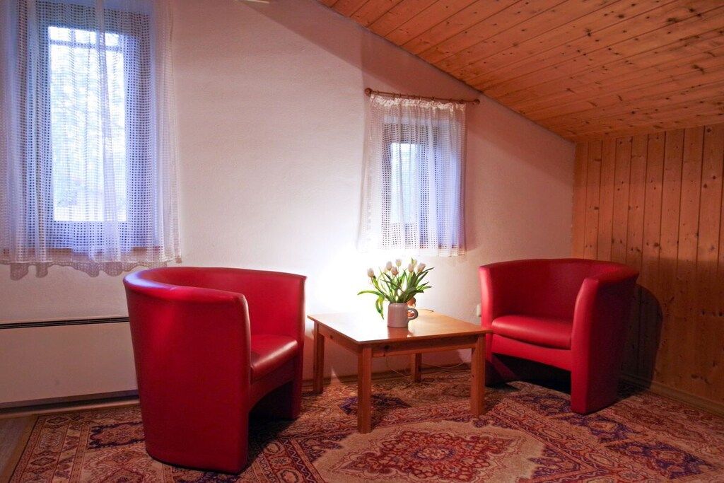 Une pièce avec deux chaises rouges, une petite table sur laquelle se trouve une plante, et un tapis à motifs.