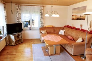 A living room with a sofa, a coffee table, a television on a stand, and a window with curtains. - Uschi's Summer Garden (Wangen im Allgäu)