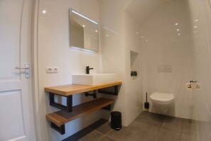 A modern bathroom with a white sink, mirror, and toilet. There are shelves under the sink and a trash can. - Holiday apartment with 1 bedroom (Nes Ameland)