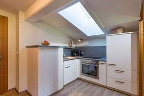 A compact kitchen with a skylight, a stove, and white cabinetry. - in the Sunnbichl house (Hippach)