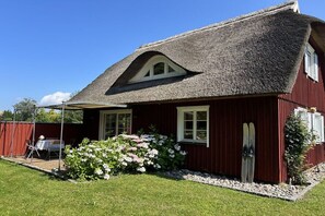 A red wooden house with a thatched roof, a small garden with pink flowers, and a pair of skis leaning against the house. - Holiday home with 2 bedrooms (Saal OT Neuendorf Heide)
