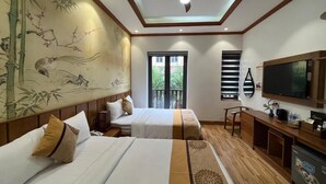 A hotel room with two beds, a ceiling fan, a television, and a large window. - Samatha Hotel Ha Long (Bãi Cháy)