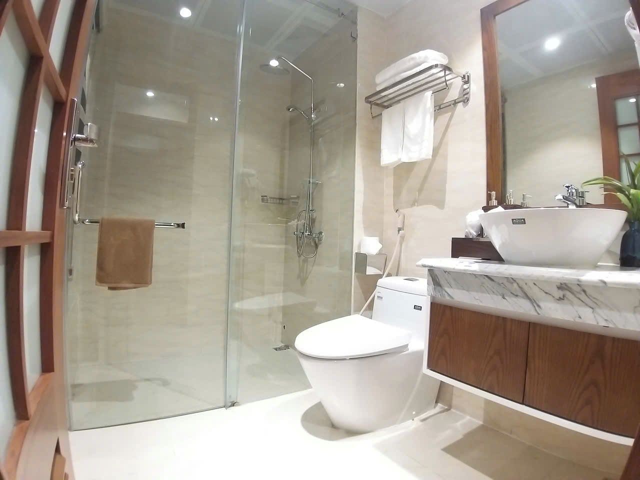 Un baño moderno con ducha envuelta en cristal, un inodoro blanco y un encimero de mármol con un lavamanos.