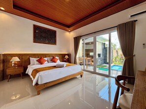 A hotel room with a large bed, wooden headboard, two bedside tables with lamps, a large window with curtains, and a view of a swimming pool.