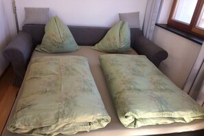 A room with a sofa bed, two pillows, and a window. - Cabin with 1 bedroom (Maria Alm - Hinterthal)