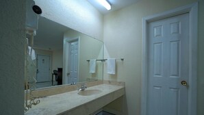 Een badkamer met een dubbele wastafel, een spiegel, een handdoekhouder en een witte deur.