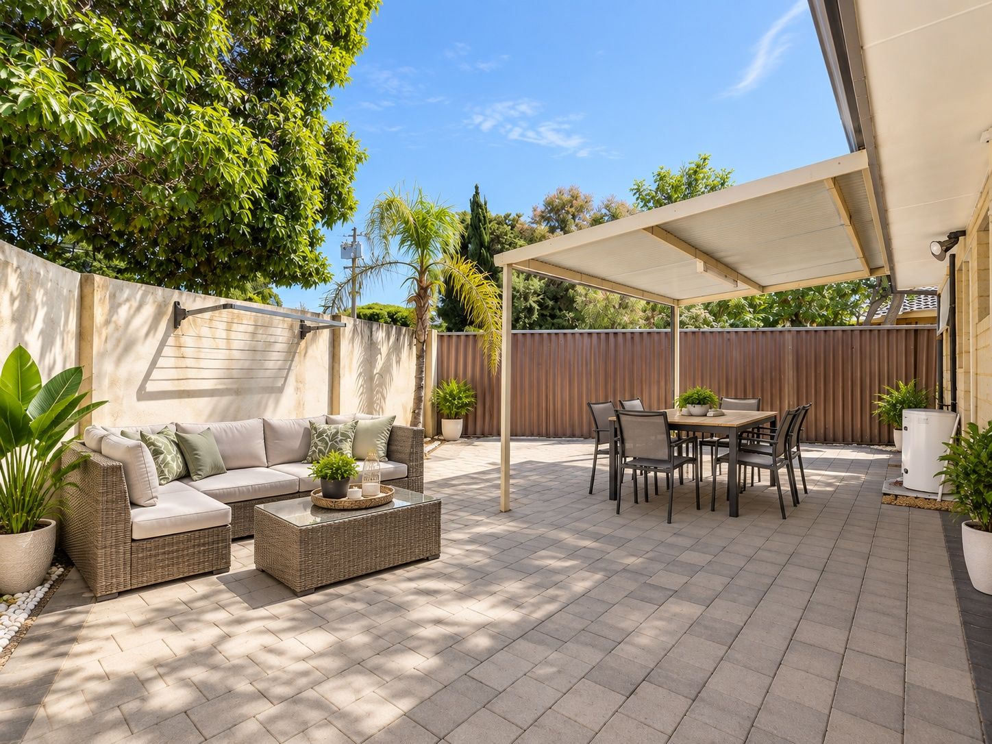 An outdoor patio with a sofa set, a dining table, and chairs.
