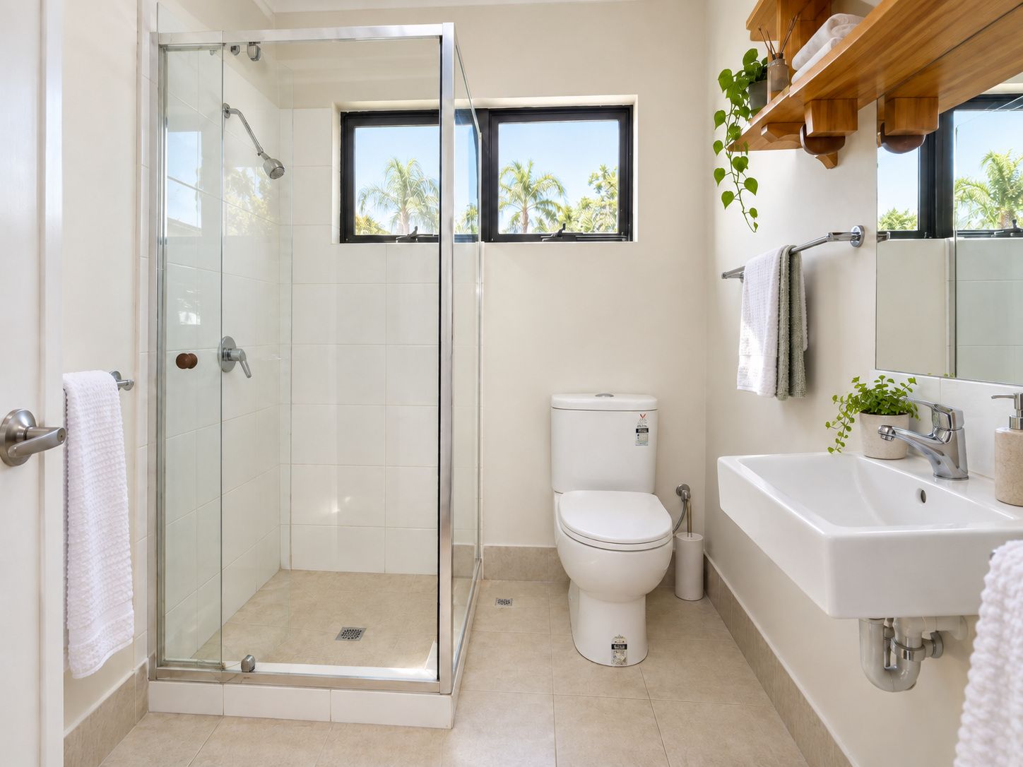 A modern bathroom with a glass-enclosed shower, a toilet, and a sink.