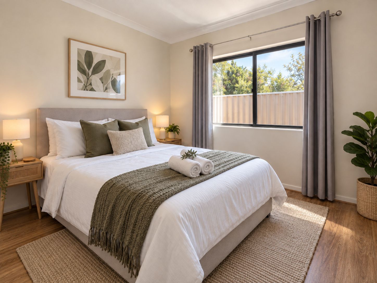 A bedroom with a bed, bedside tables, a window with curtains, a plant, and a framed picture on the wall.