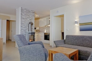 A modern living room with a fireplace, grey upholstered furniture, and a painting on the wall. - Holiday apartment Sonnentau Premium (Koserow)