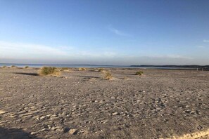 Un paysage aride, avec une végétation clairsemée et un ciel dégagé.