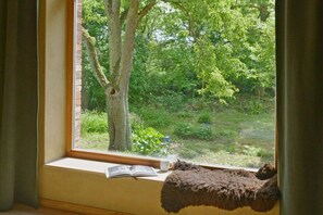 Une fenêtre donnant sur un arbre et la verdure environnante.