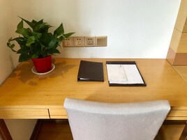 Un escritorio de madera con una planta en maceta, una carpeta negra y una carpeta blanca.