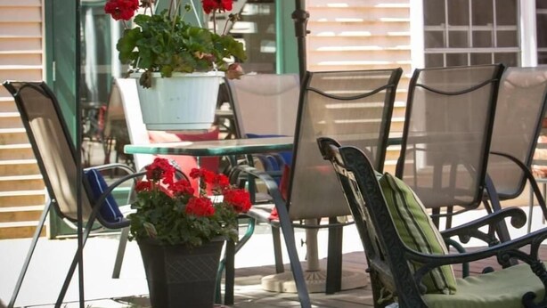 An outdoor seating area with a table and chairs, a potted plant with red flowers, and a building with a green door and windows. - Casco Bay Inn (Freeport)