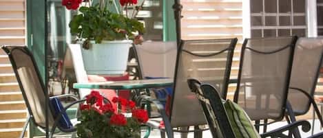 An outdoor seating area with a table and chairs, a potted plant with red flowers, and a building with a green door and windows.