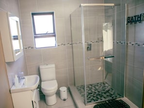 A bathroom with a toilet, sink, and shower.