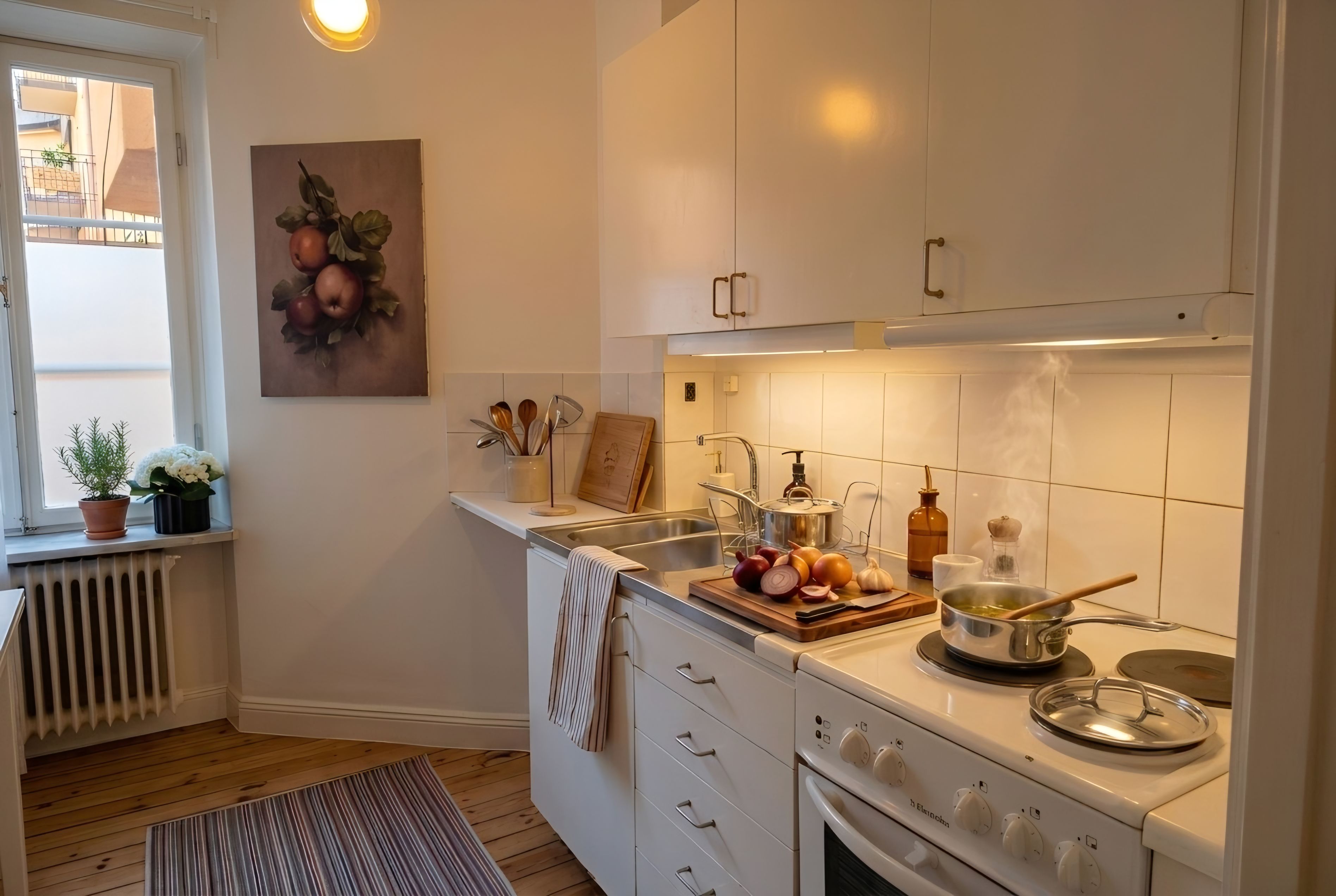 A modern kitchen with white cabinets, a stove, and a window with a view of buildings.