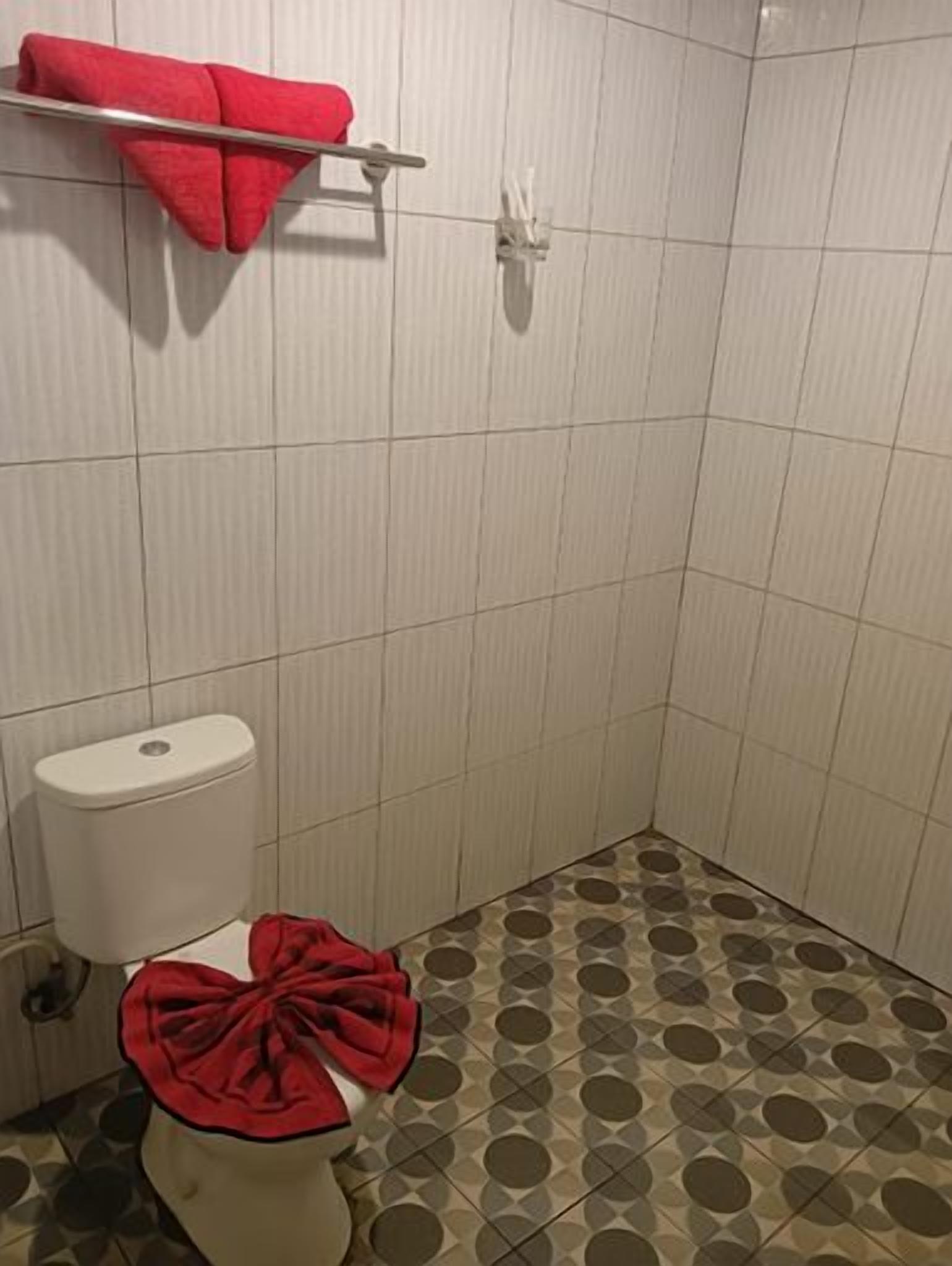 A bathroom with a toilet, a red towel on the seat, and patterned floor tiles.