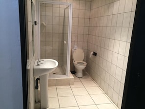 A bathroom with a white sink, toilet, and a glass-enclosed shower area. - Norwegian Lodge (Umkomaas)