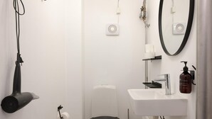 Kylpyhuone, jossa on hiustenkuivaaja, wc, pesuallas ja peili.