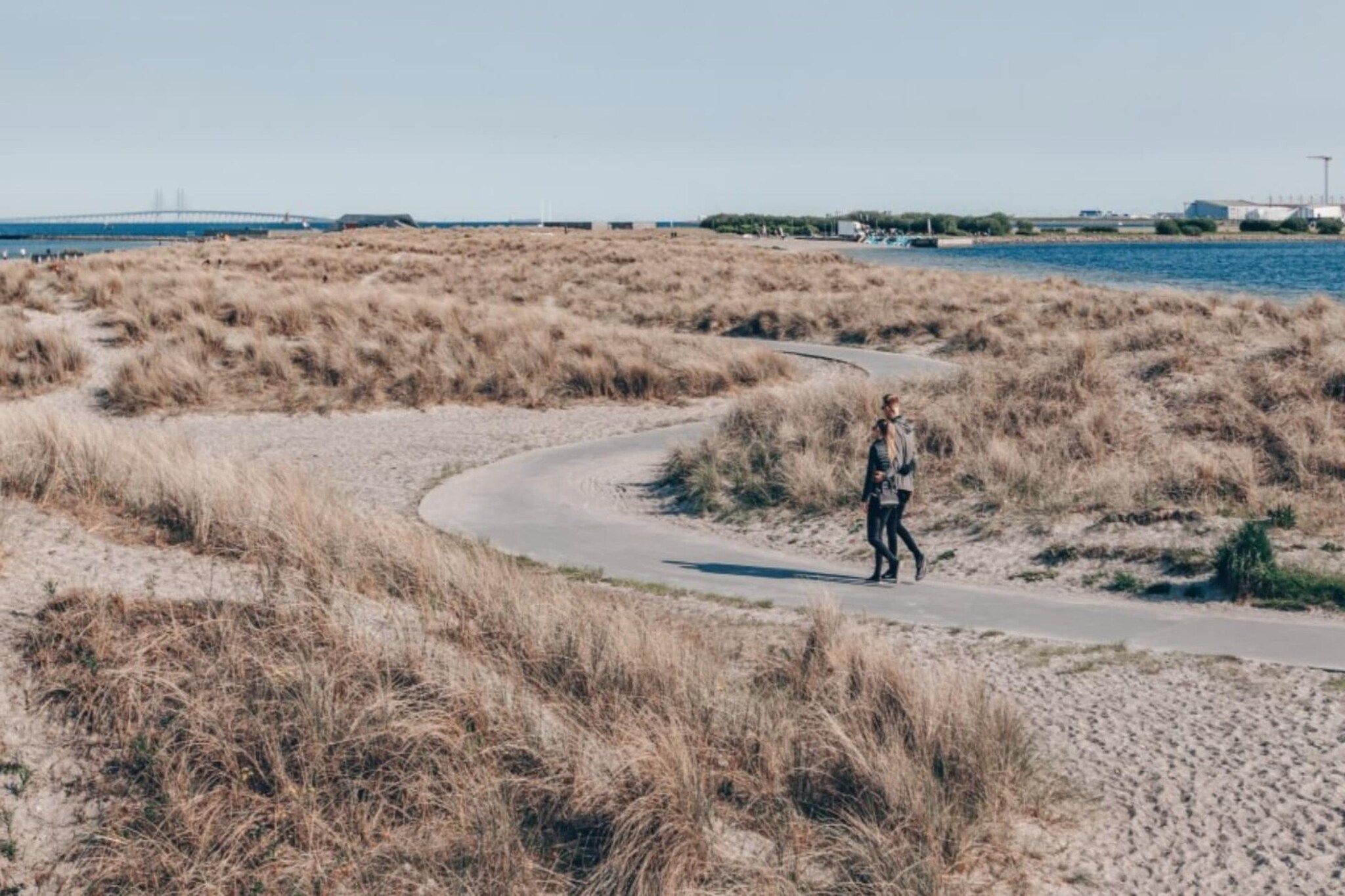 Ein Pfad schlängelt sich durch eine sandige Landschaft mit vereinzelter Vegetation, der zu einem Gewässer und Industriegebäuden in der Ferne führt.